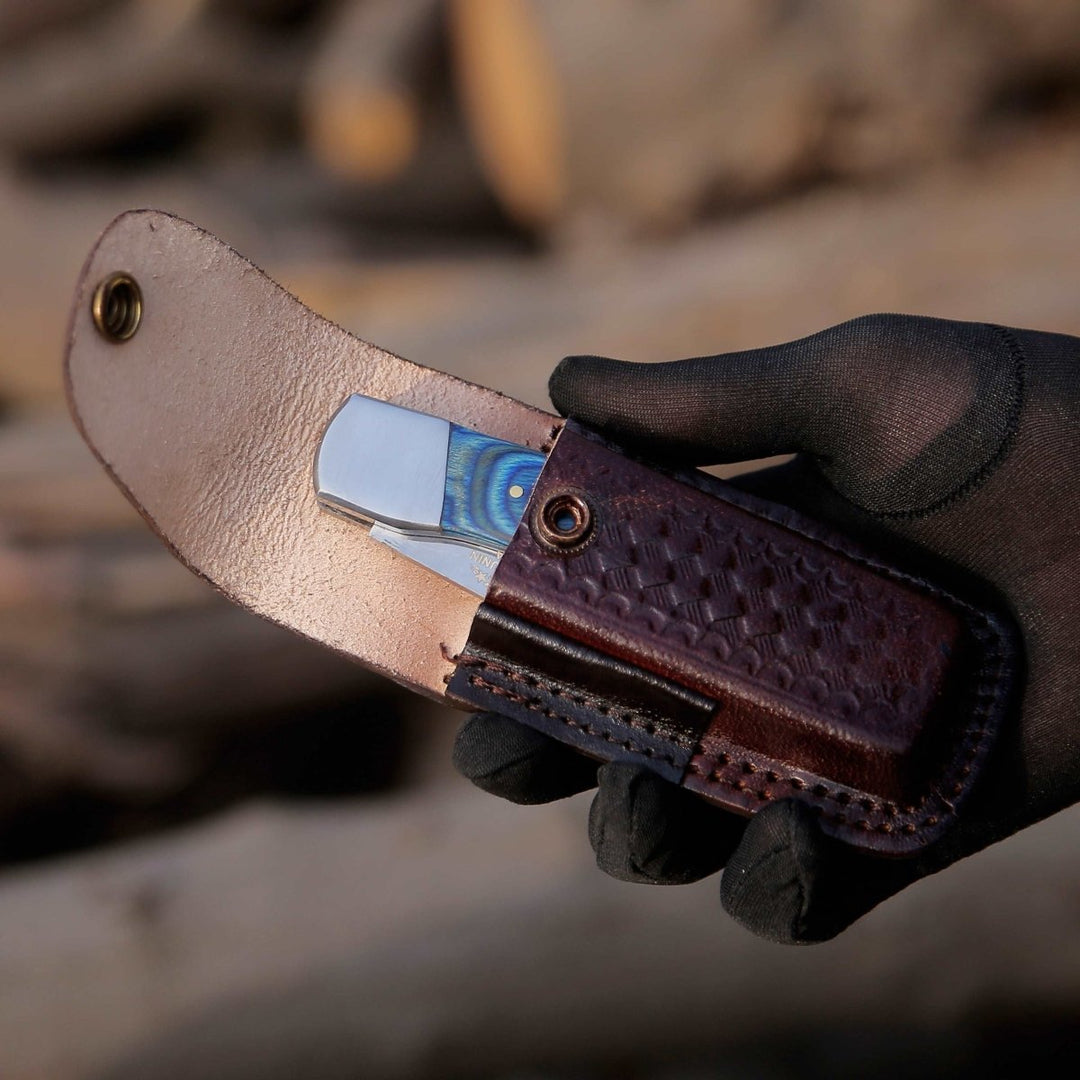 Pocket Wood knife - Handmade Custom Pocket Knife with Diamond Wood Handle &amp; Sheath Personalized - Shokunin USA