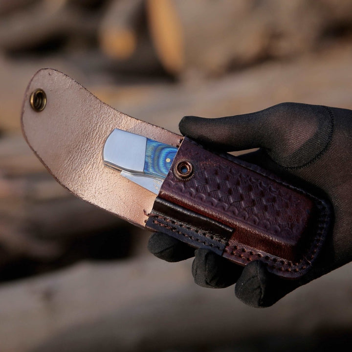 Pocket Wood knife - Handmade Custom Pocket Knife with Diamond Wood Handle &amp; Sheath Personalized - Shokunin USA