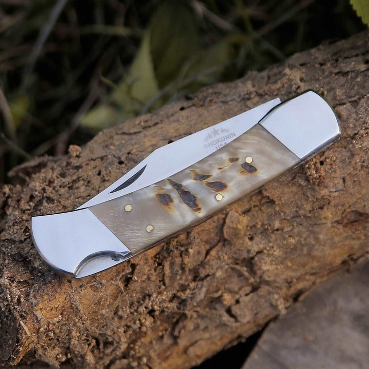 ram knife - Handmade Custom Pocket Knife with Ram Horn Handle &amp; Sheath Personalized - Shokunin USA