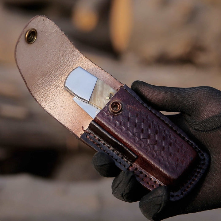 Pocket Knife Damascus - Handmade Custom Pocket Knife with Ram Horn Handle &amp; Sheath Personalized - Shokunin USA
