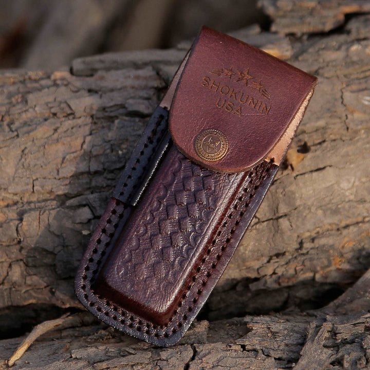 Pocket Ram Damascus - Handmade Custom Pocket Knife with Ram Horn Handle &amp; Sheath Personalized - Shokunin USA