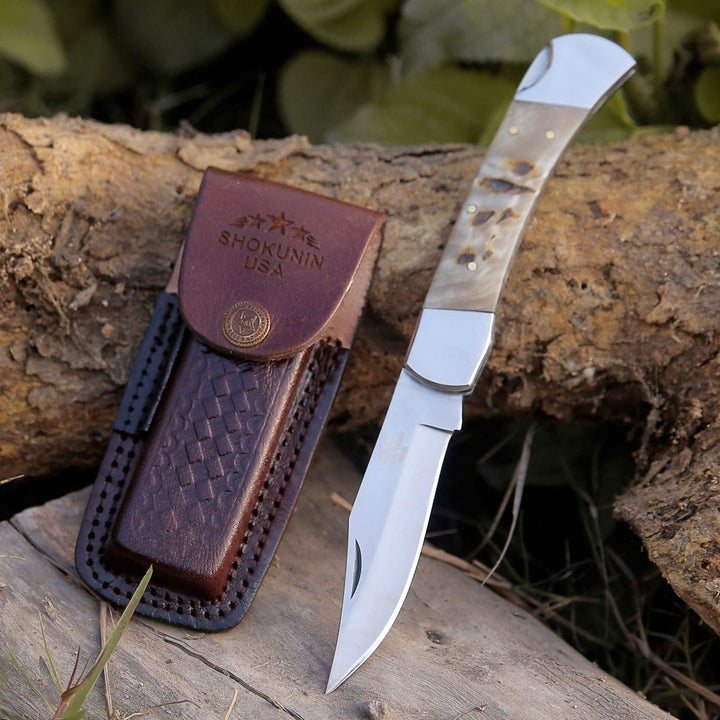handmade tactical knives - Handmade Custom Pocket Knife with Ram Horn Handle &amp; Sheath Personalized - Shokunin USA