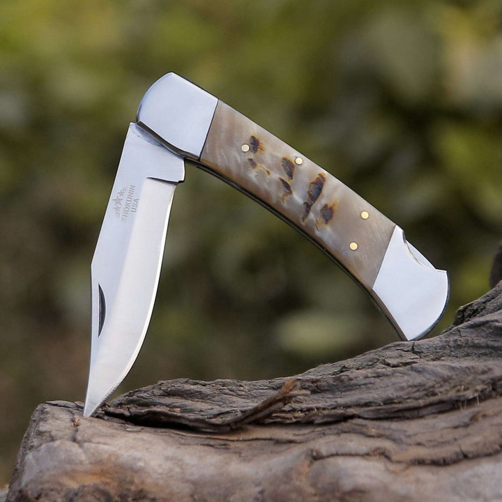 ram horn knife - Handmade Custom Pocket Knife with Ram Horn Handle &amp; Sheath - Shokunin USA
