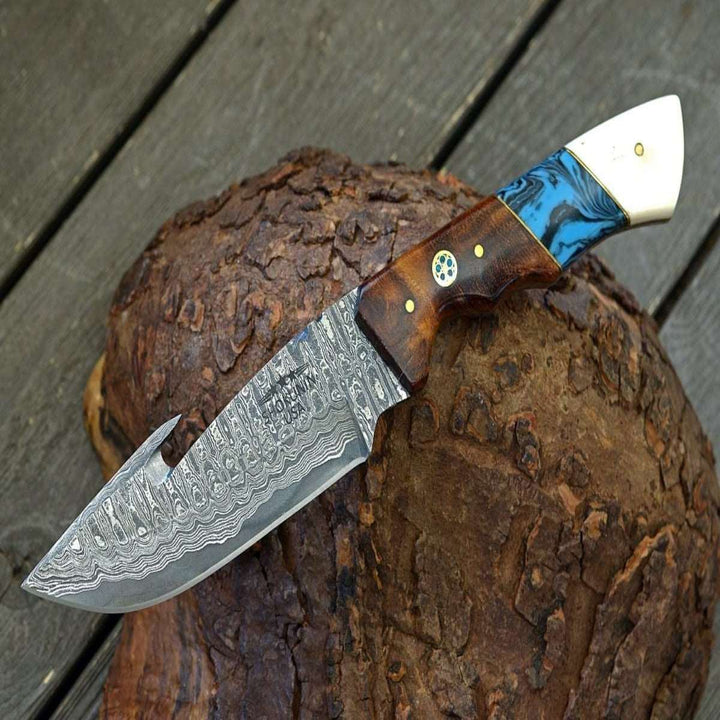 Harmony Gut Knife - Harmony Gut Hook Hunting Knife with Rosewood Bone &amp; Turquoise Handle - Shokunin USA