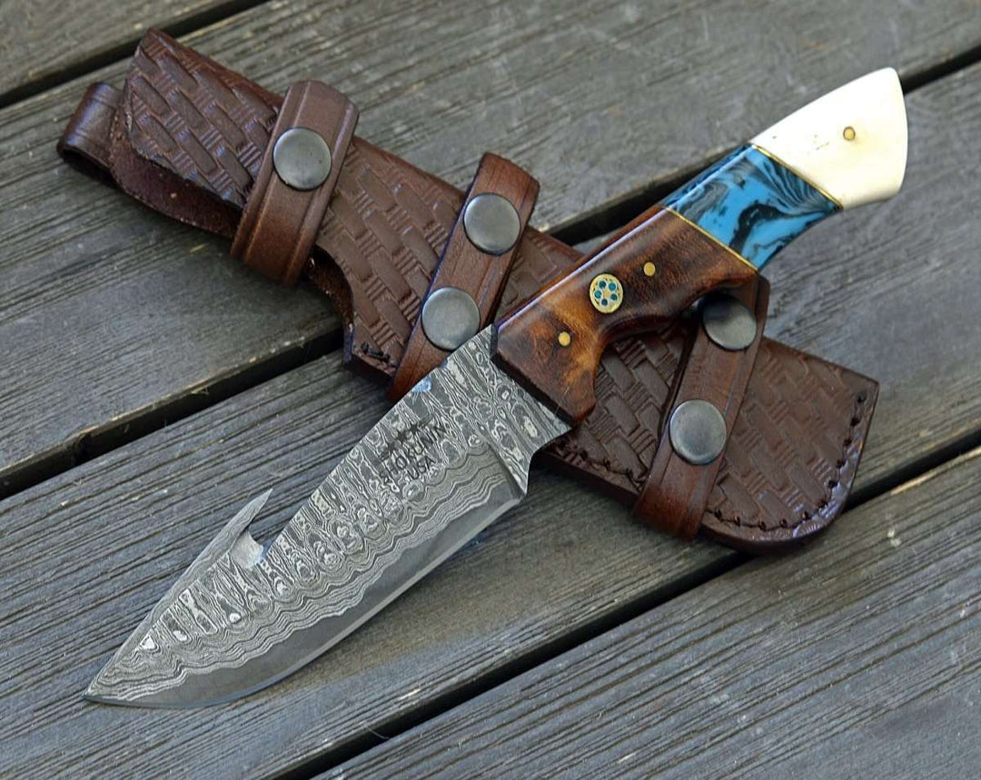 Harmony Gut Handle - Harmony Gut Hook Hunting Knife with Rosewood Bone &amp; Turquoise Handle - Shokunin USA
