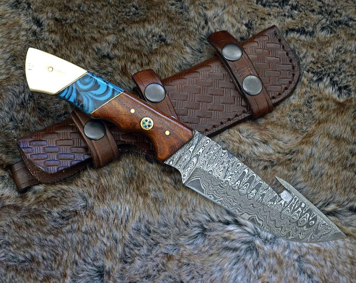 Harmony Hook knives - Harmony Gut Hook Hunting Knife with Rosewood Bone &amp; Turquoise Handle - Shokunin USA