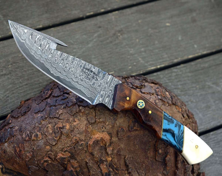 Harmony Hook Knife - Harmony Gut Hook Hunting Knife with Rosewood Bone &amp; Turquoise Handle - Shokunin USA
