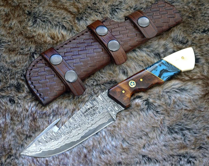 Harmony Hunting Knife - Harmony Gut Hook Hunting Knife with Rosewood Bone &amp; Turquoise Handle - Shokunin USA