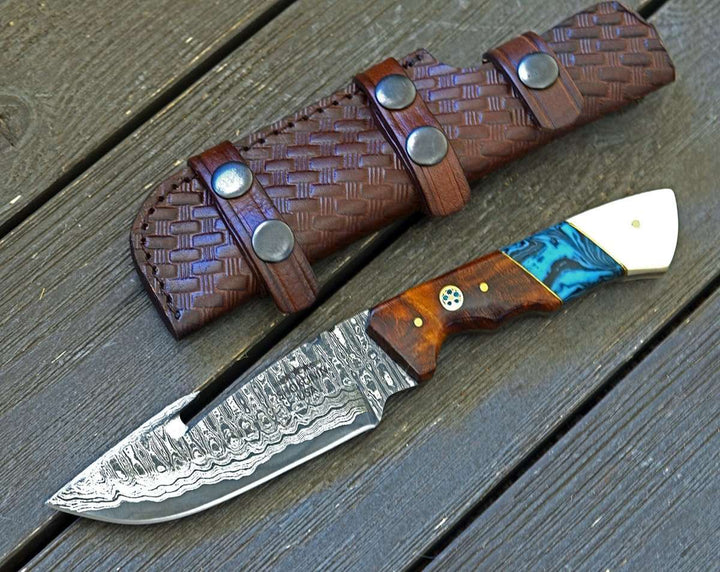 Harmony Hook Handle - Harmony Gut Hook Hunting Knife with Rosewood Bone &amp; Turquoise Handle - Shokunin USA