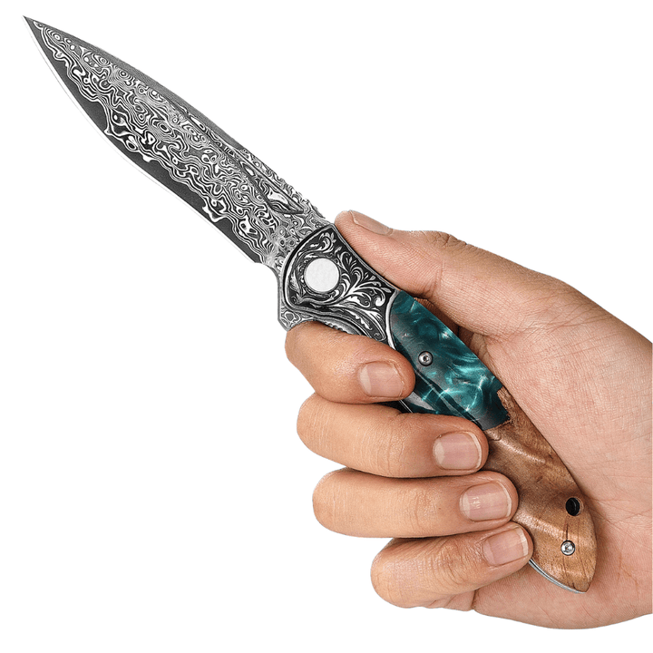 Helios Damascus Knife - Helios Japanese Damascus Pocket Knife VG-10 with Exotic Stabilized Olive Burl Wood Handle - Shokunin USA