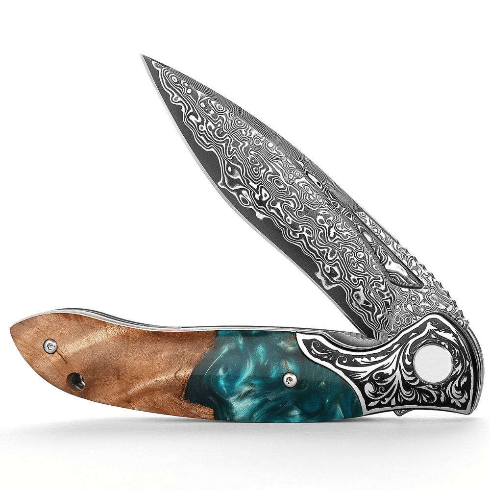 Helios Damascus Handle - Helios Japanese Damascus Pocket Knife VG-10 with Exotic Stabilized Olive Burl Wood Handle - Shokunin USA