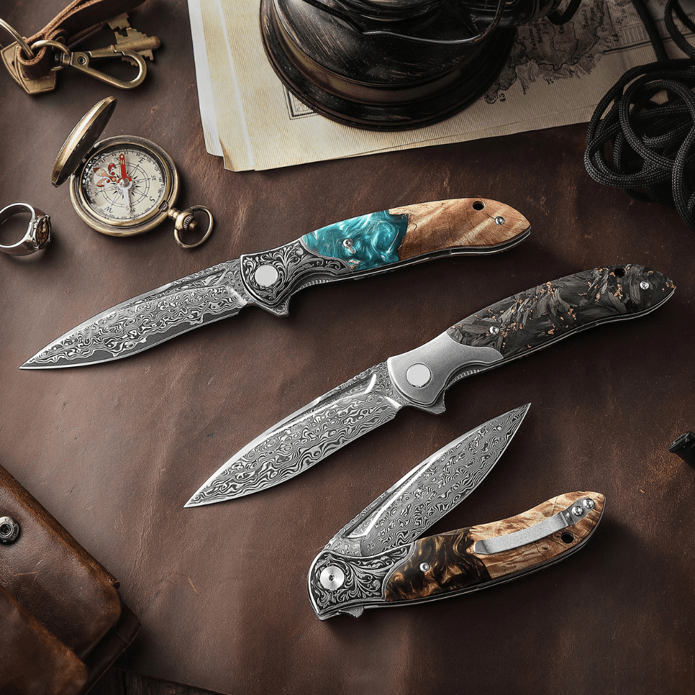Helios Damascus knives - Helios Japanese Damascus Pocket Knife VG-10 with Exotic Stabilized Olive Burl Wood Handle - Shokunin USA