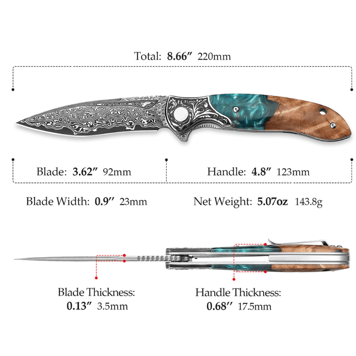 Helios Japanese Handle - Helios Japanese Damascus Pocket Knife VG-10 with Exotic Stabilized Olive Burl Wood - Shokunin USA