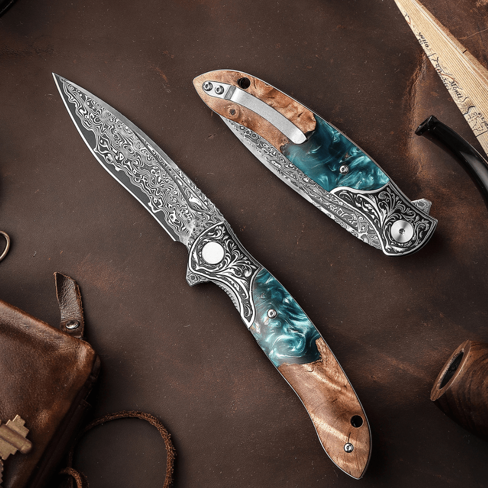 Helios Japanese Knife - Helios Japanese Damascus Pocket Knife VG-10 with Exotic Stabilized Olive Burl Wood - Shokunin USA