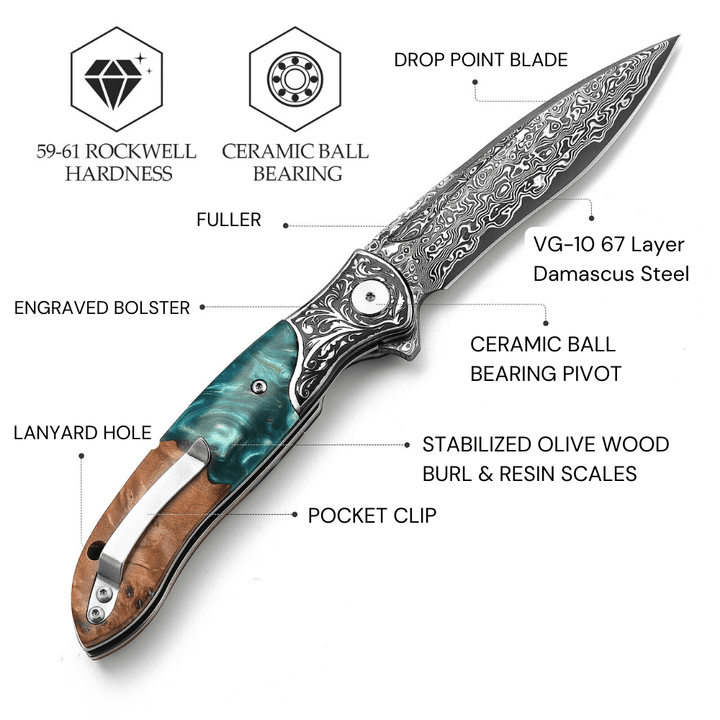 Helios Japanese knives - Helios Japanese Damascus Pocket Knife VG-10 with Exotic Stabilized - Shokunin USA