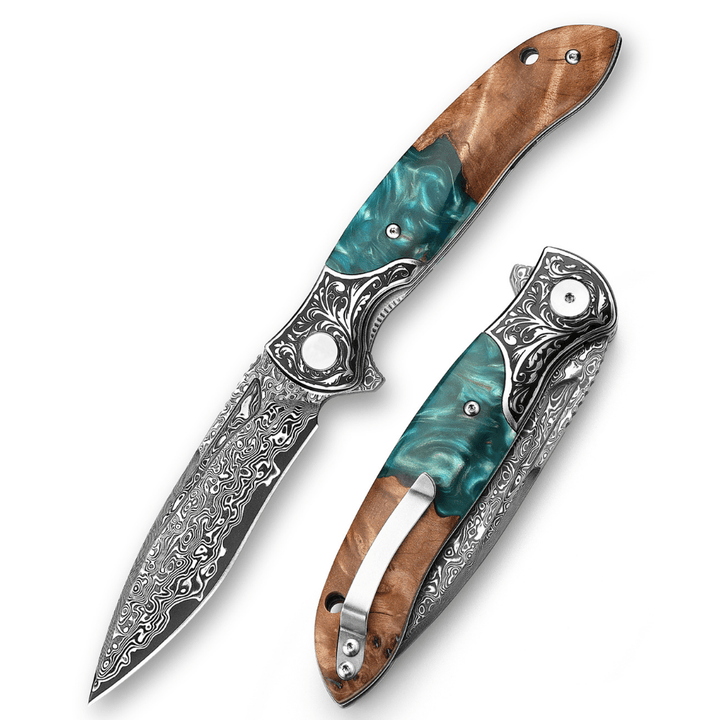 helios knives - Helios Japanese Damascus Pocket Knife VG-10 with Exotic Stabilized Olive Burl Wood Handle - Shokunin USA