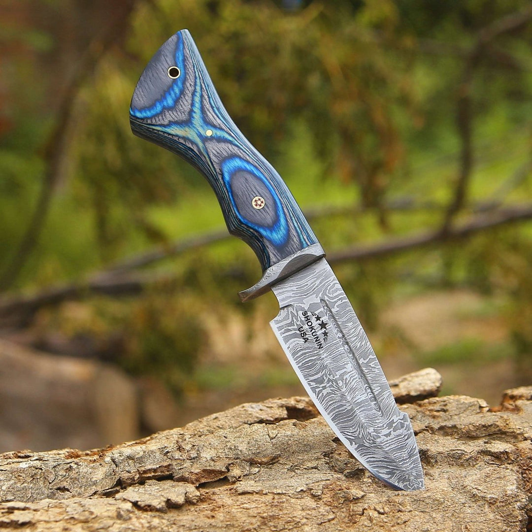 handmade sheath knives - Hellcat Custom Damascus Hunting Knife with Hardwood Handle &amp; Leather Sheath - Shokunin USA