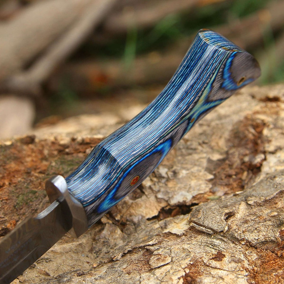 custom handle knives - Hellcat Custom Damascus Hunting Knife with Hardwood Handle &amp; Leather Sheath - Shokunin USA