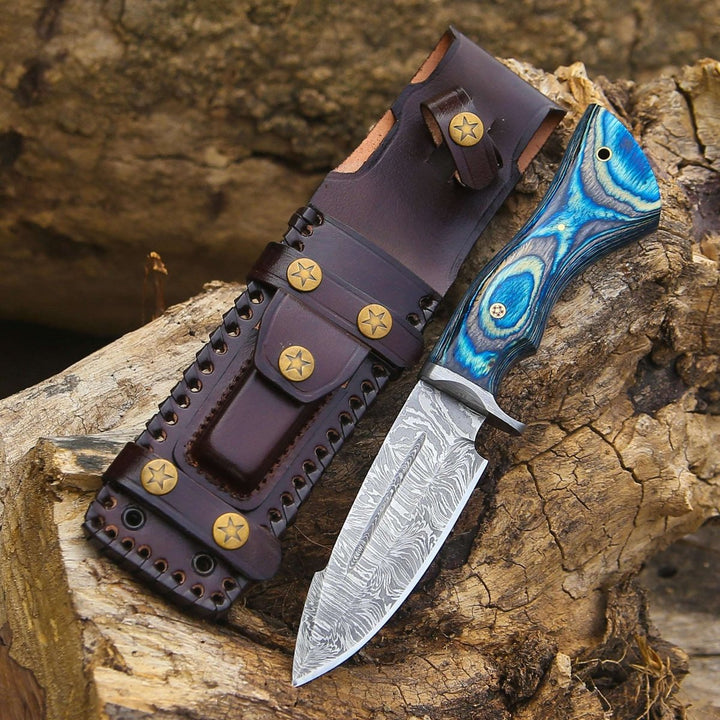 custom sheath knives - Hellcat Handmade Damascus Hunting Knife with Hardwood Handle &amp; Leather Sheath - Shokunin USA