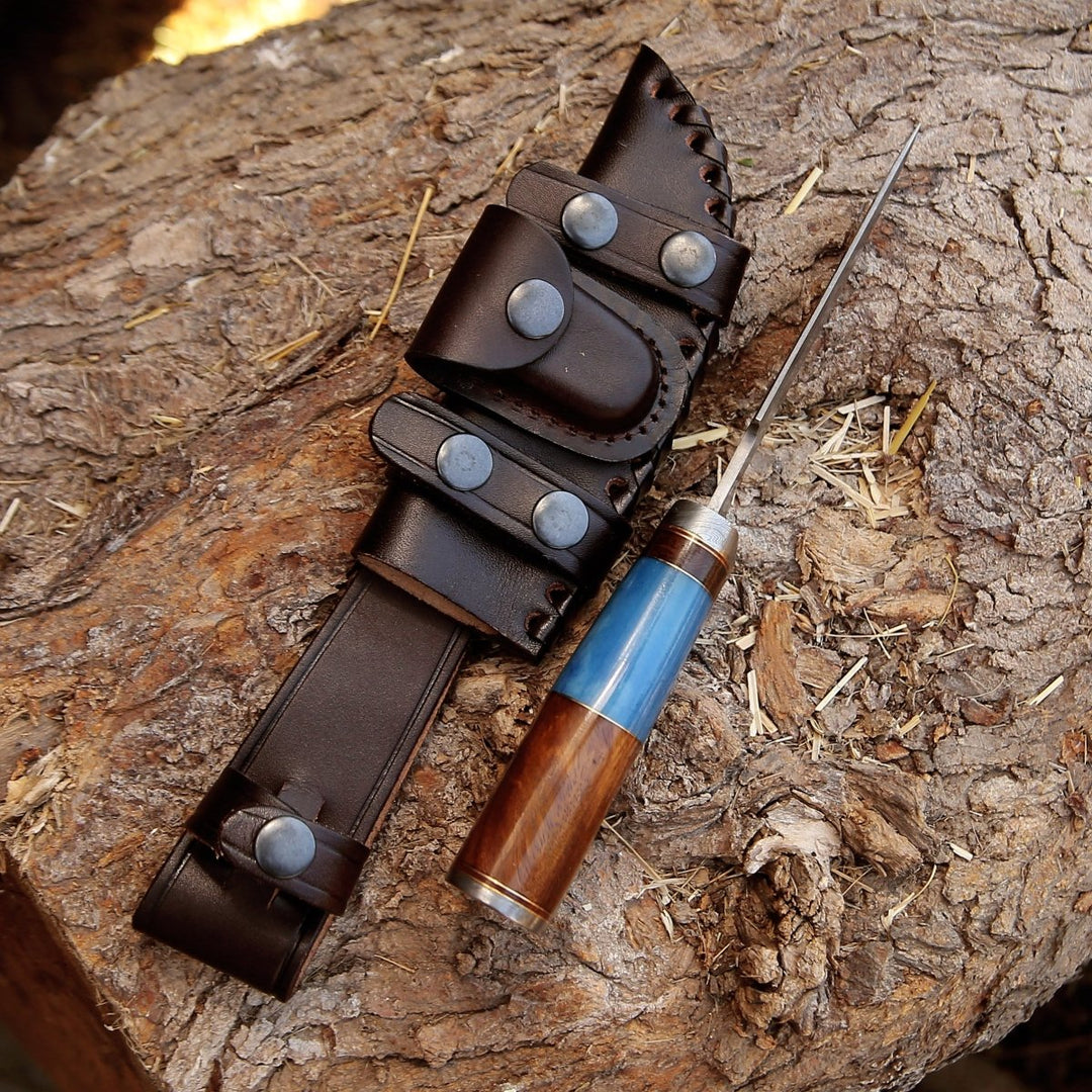 knife hellfire - Hellfire Damascus Hunting Knife with Leather Sheath - Shokunin USA