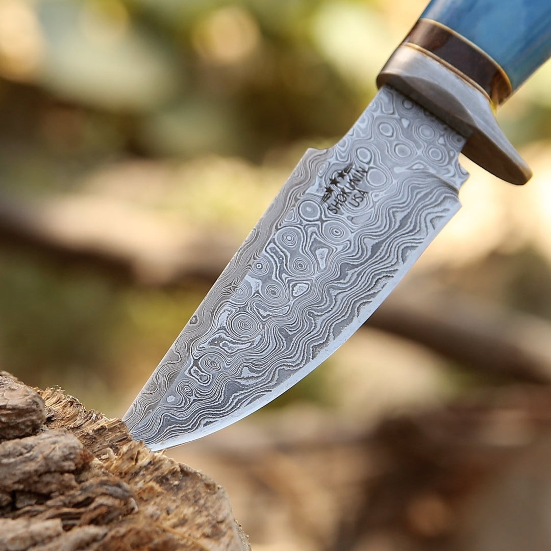 Hellfire Hunting Sheath - Hellfire Damascus Hunting Knife with Leather Sheath - Shokunin USA