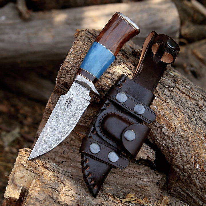 copper utility knife - Hellfire Damascus Hunting Knife with Leather Sheath - Shokunin USA