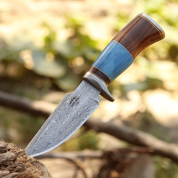 Hellfire Hunting Leather - Hellfire Damascus Hunting Knife with Leather Sheath - Shokunin USA