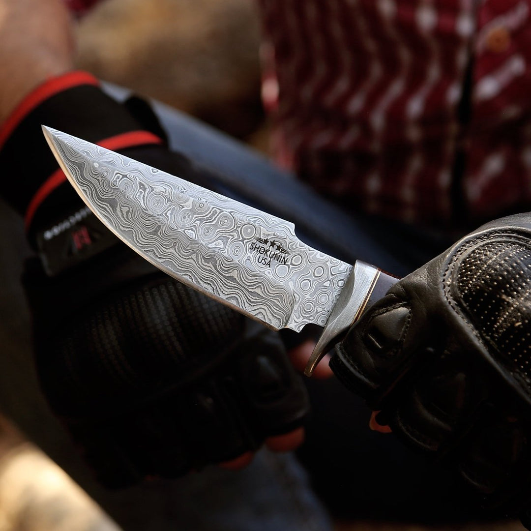 Hellfire Damascus knives - Hellfire Damascus Hunting Knife with Leather Sheath - Shokunin USA