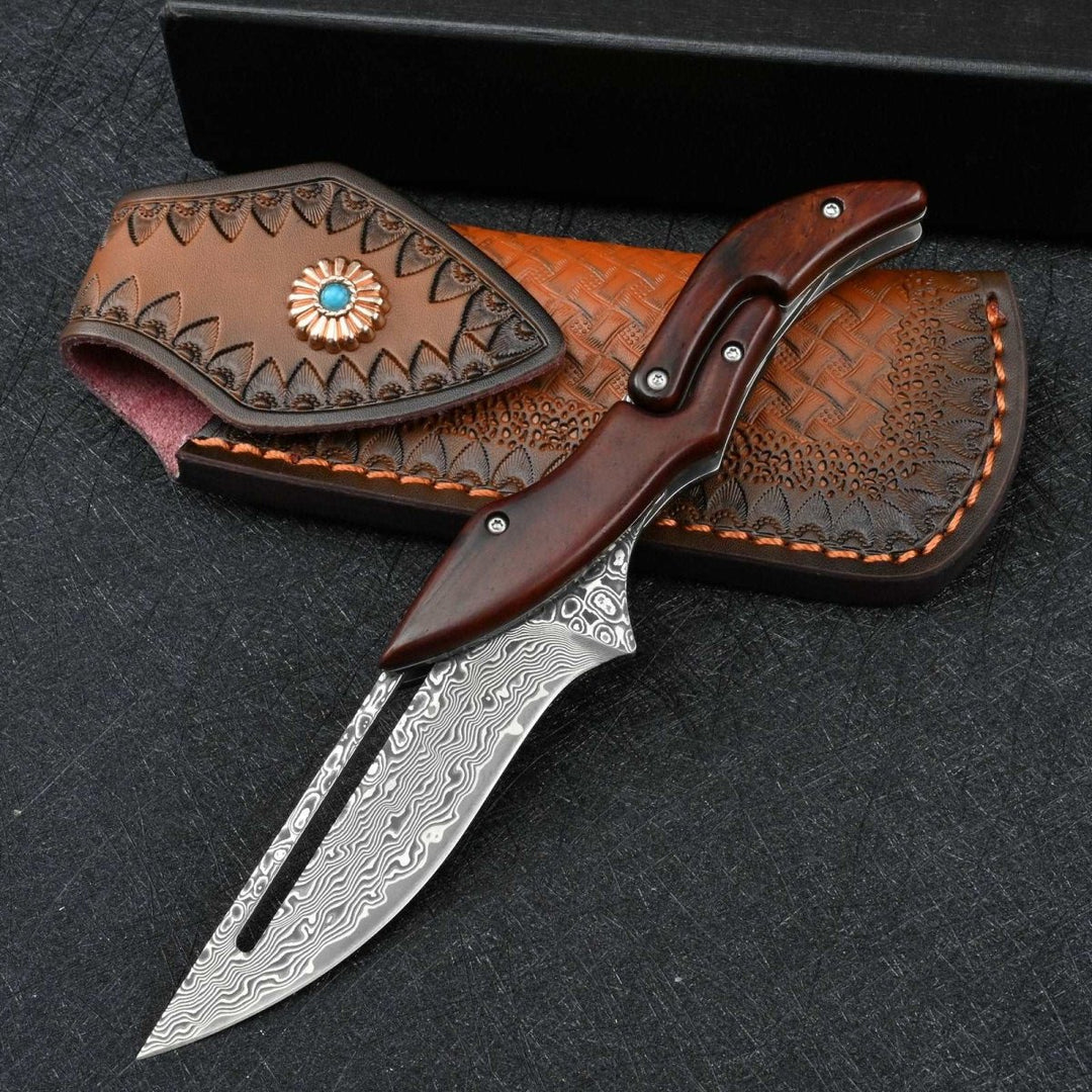 Hera VG10 Handle - Hera Japanese VG10 Slider Damascus Pocket Knife with Exotic Red Sandal Wood Handle - Shokunin USA
