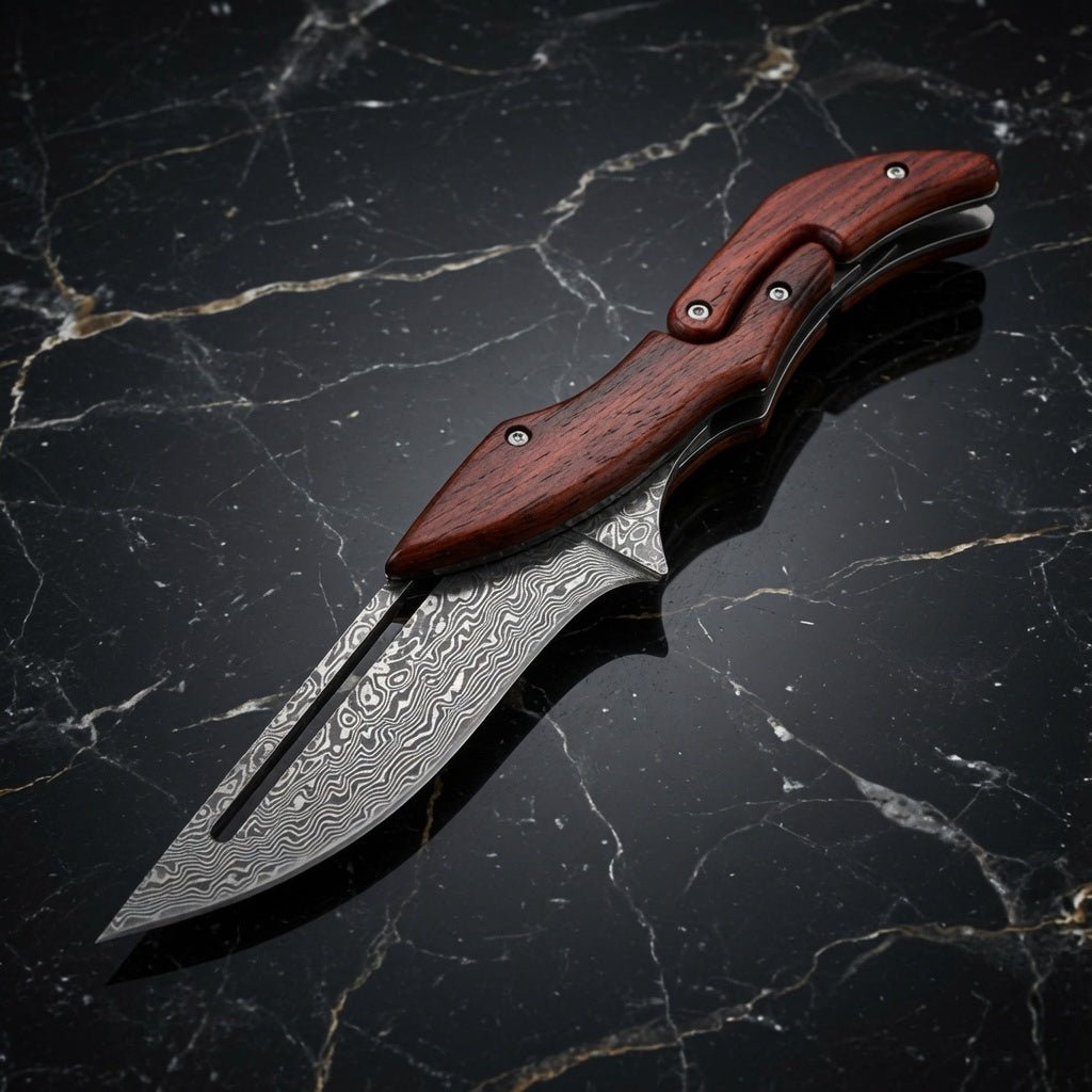 Hera Japanese VG10 Slider Damascus Pocket Knife with Exotic Red Sandal Wood Handle - Shokunin USA