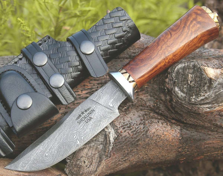 Holy Damascus Knife - Holy Defender Damascus Hunting Knife with Exotic Rose Wood Handle - Shokunin USA