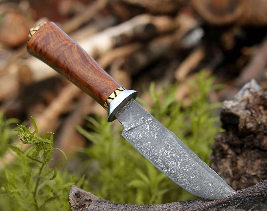 Holy Defender Bowie - Holy Defender Damascus Hunting Knife with Exotic Rose Wood Handle - Shokunin USA