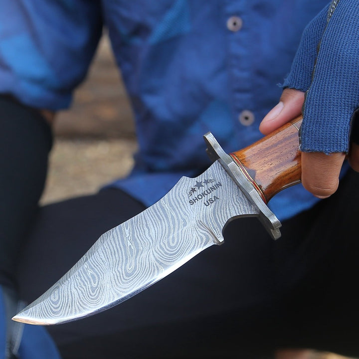 Hornet Damascus Sheath - Hornet Custom Damascus Hunting Knife with Exotic Rose Wood Handle &amp; Sheath - Shokunin USA