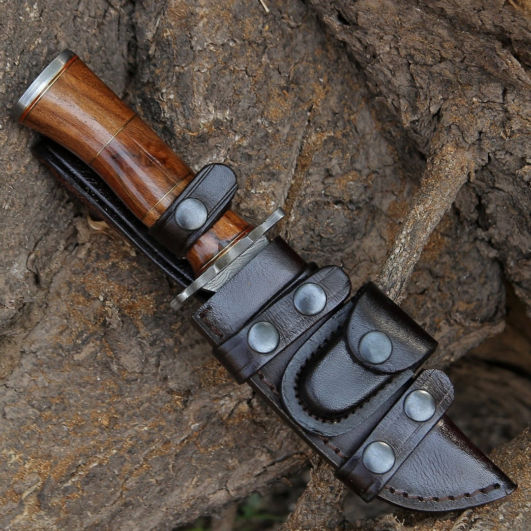 Hornet Hunting Sheath - Hornet Custom Damascus Hunting Knife with Exotic Rose Wood Handle &amp; Sheath - Shokunin USA