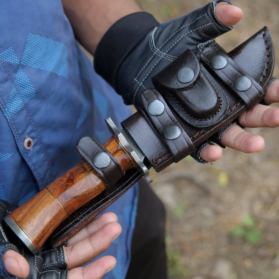 Hornet Damascus Bowie - Hornet Custom Damascus Hunting Knife with Exotic Rose Wood Handle &amp; Sheath - Shokunin USA