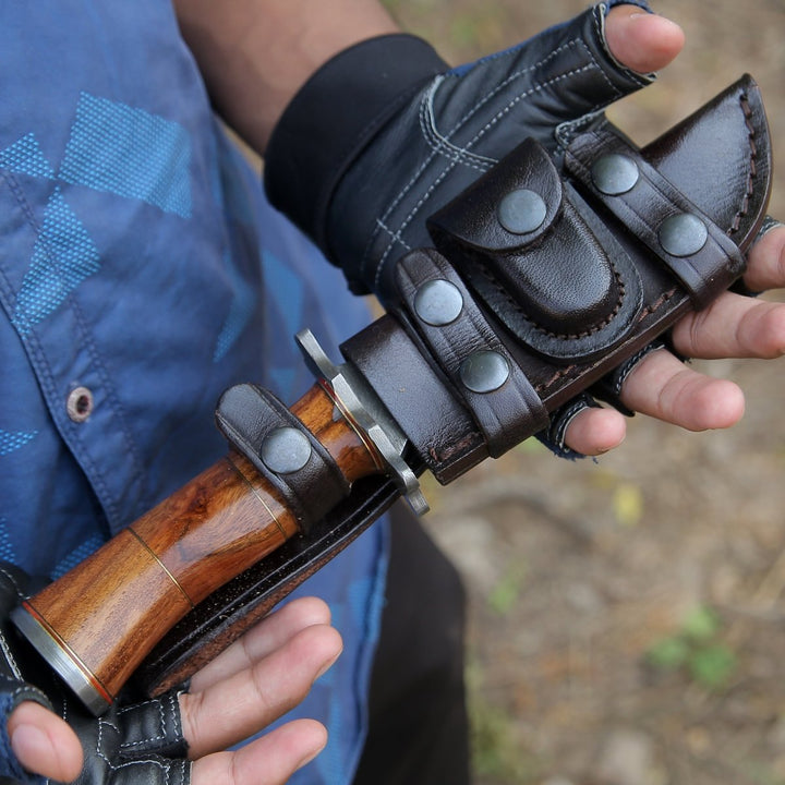 Hornet Damascus Bowie - Hornet Custom Damascus Hunting Knife with Exotic Rose Wood Handle &amp; Sheath - Shokunin USA