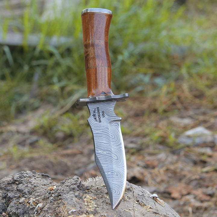 Hornet Hunting Knife - Hornet Custom Damascus Hunting Knife with Exotic Rose Wood Handle &amp; Sheath - Shokunin USA