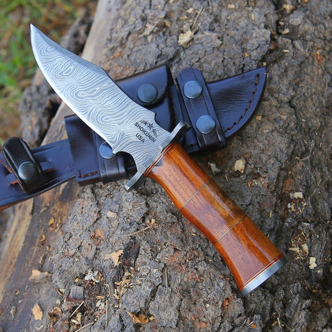 Hornet Hunting Handle - Hornet Custom Damascus Hunting Knife with Exotic Rose Wood Handle &amp; Sheath - Shokunin USA