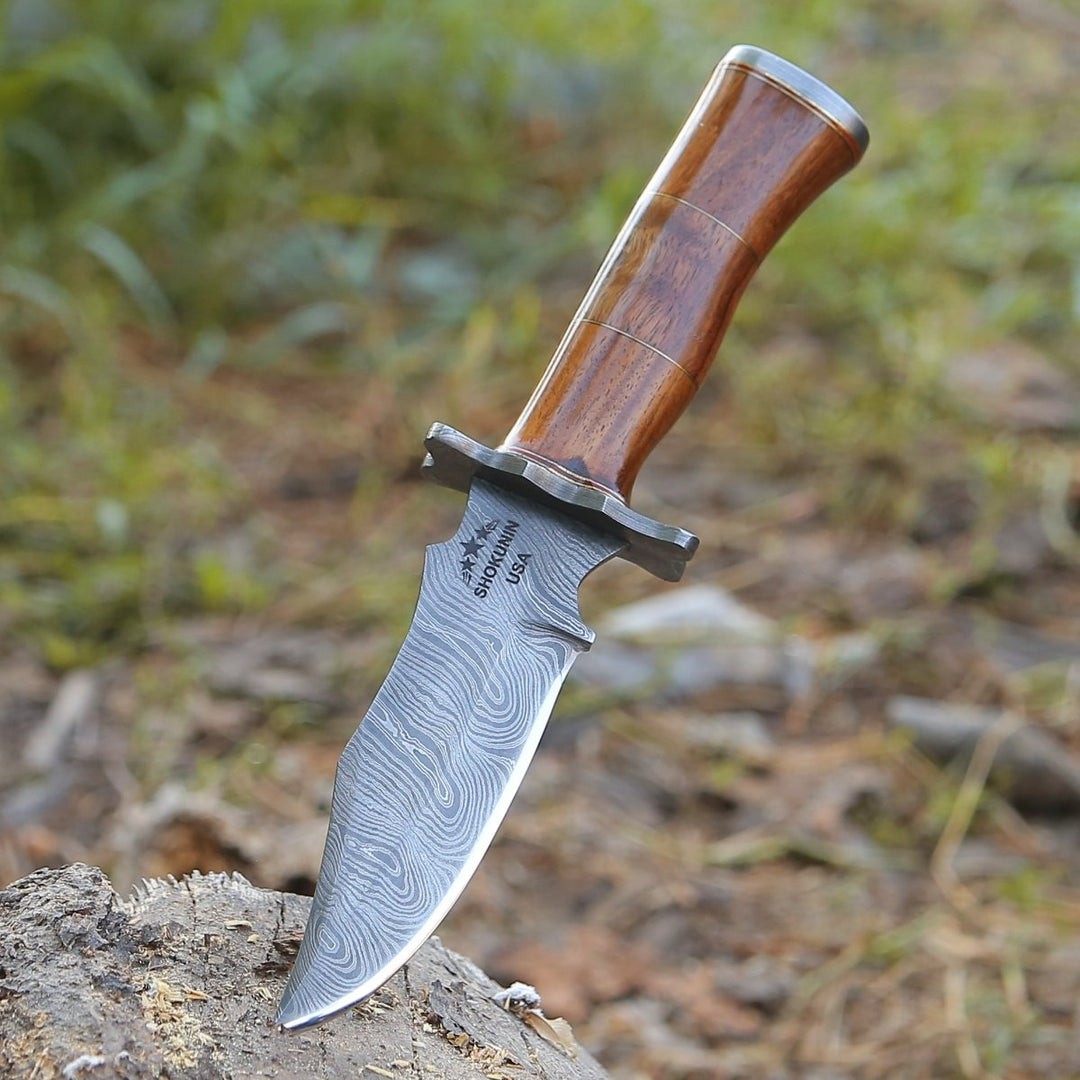 Hornet Damascus knives - Hornet Custom Damascus Hunting Knife with Exotic Rose Wood Handle &amp; Sheath - Shokunin USA