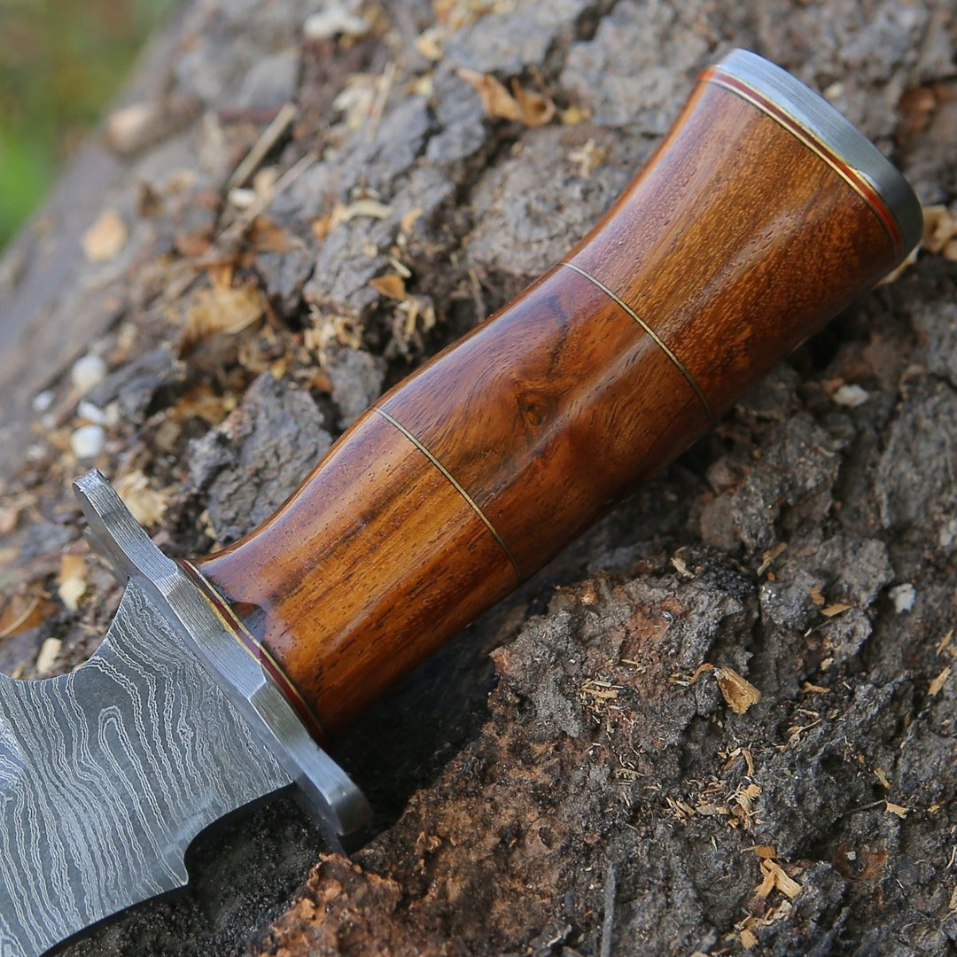 Hornet Damascus Handle - Hornet Custom Damascus Hunting Knife with Exotic Rose Wood Handle &amp; Sheath - Shokunin USA