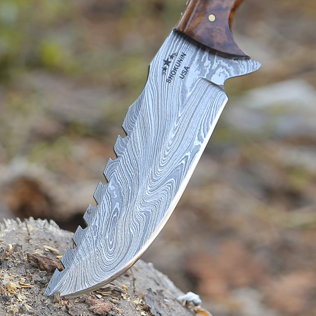 Knife - Ravager Handmade Damascus Knife with Mother of Pearl Resin &amp; Rosewood Handle - Shokunin USA