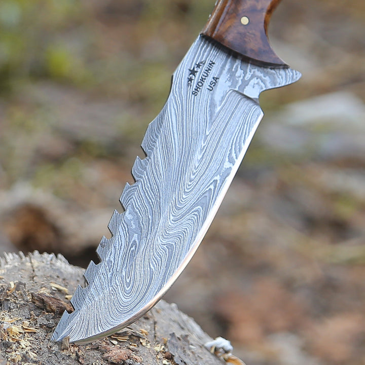 Knife - Ravager Handmade Damascus Knife with Mother of Pearl Resin &amp; Rosewood Handle - Shokunin USA