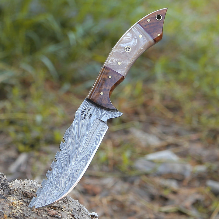Knife - Ravager Handmade Damascus Knife with Mother of Pearl Resin &amp; Rosewood Handle - Shokunin USA