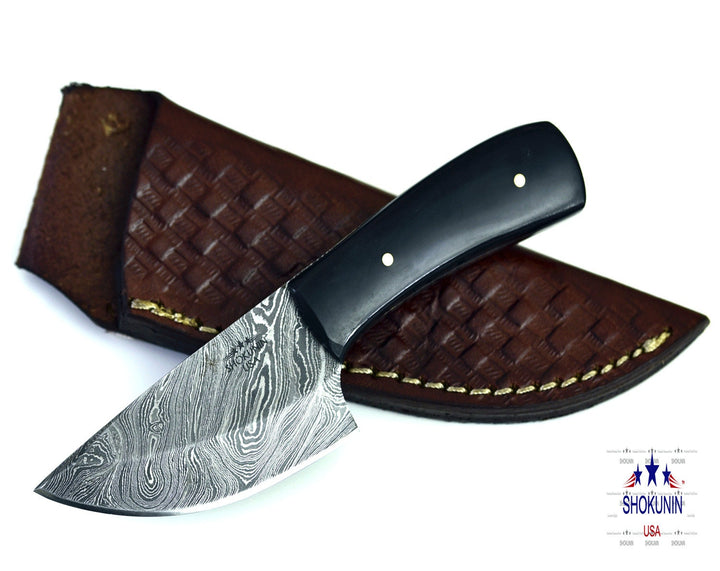 gut hook knives - Hand Forged Damascus Steel Knife with Horn Handle &amp; Leather Sheath - Shokunin USA
