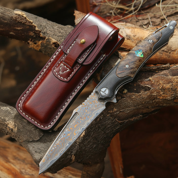 Ironhide Damascus Pocket Knife with stained maple burl handle