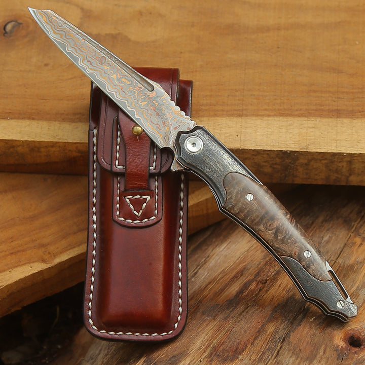Ironhide Damascus Pocket Knife with stained maple burl handle