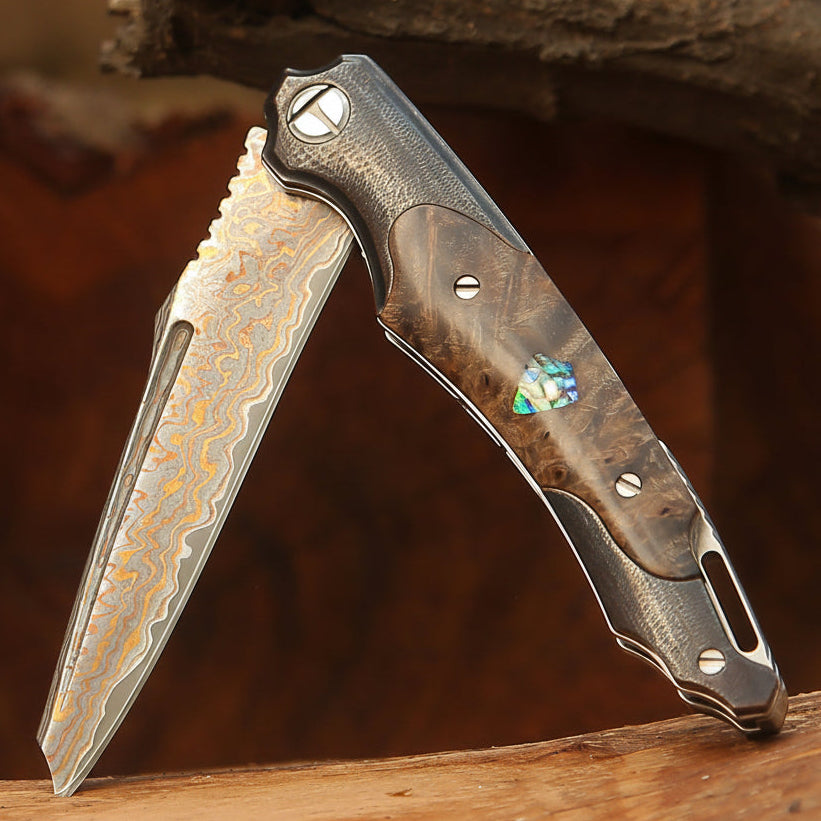 Ironhide Damascus Pocket Knife with stained maple burl handle