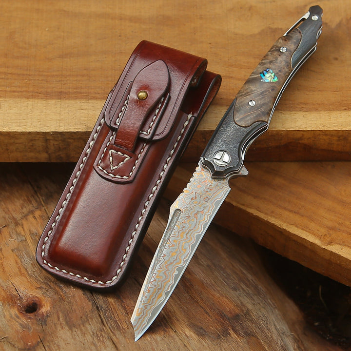 Ironhide Damascus Pocket Knife with stained maple burl handle