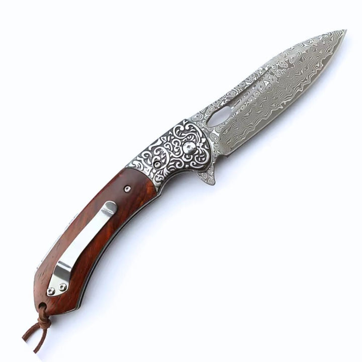 Karma Japanese Handle - Karma Japanese VG10 Damascus EDC Pocket Knife with Clip &amp; Sandalwood Handle - Shokunin USA