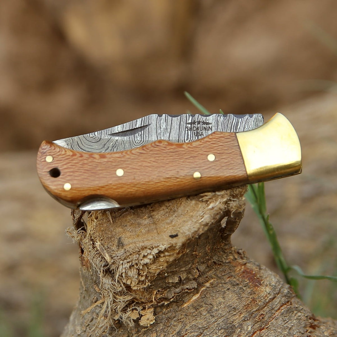 Kepler Leopard Handle - Kepler Damascus Pocket Knife with Exotic Leopard Wood Handle - Shokunin USA